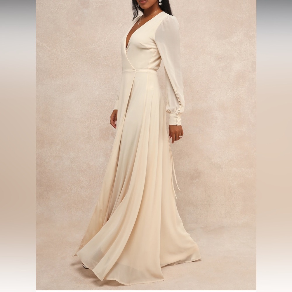 Lulus My Whole Heart Cream Long Sleeve Wrap Maxi Dress S NWT